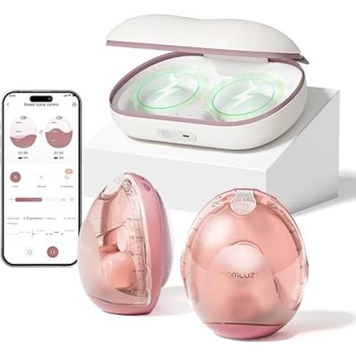 Momcozy Air 1 Ultra-Slim Breast Pump, Hands-Free Wearable Pump with Wireless Charging Case & App Control with Auto Mode & Full-Milk Alert, Industry-First Transparent Top for Easy Nipple Alignment