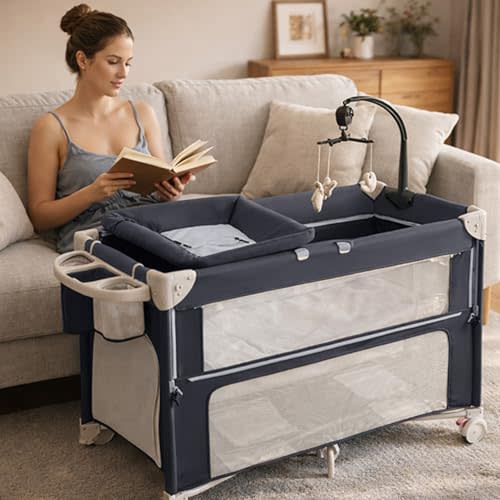 5-in-1 Pack and Play, Foldable Baby Bassinet Bedside Sleeper,One-Push Bedside Crib with Playard, Includes Mattress, Changing Table, Mosquito Net, Music Toy & Storage for Newborn to Toddler (Dark Grey)