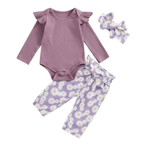fhutpw Baby Girl Clothes 3 6 9 12 Months Outfits Long Sleeve Knitted Romper & Daisy Pants Fall Winter 3Pcs Clothes Sets