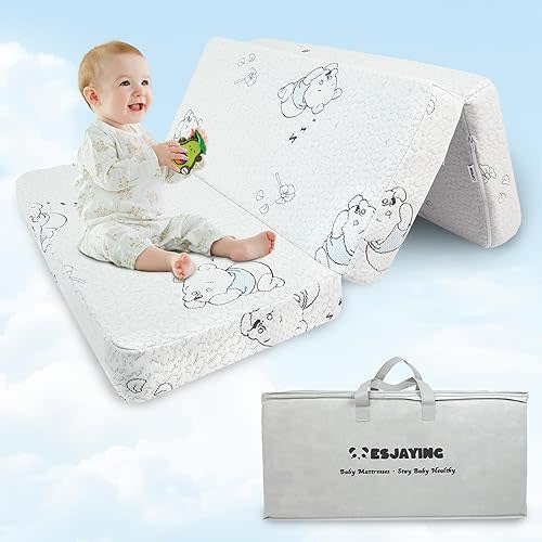 ESJAYING Pack and Play Mattress, 38"x 26" Dual-Sided Trifold Mattress for Pack N Play with Breathable Washable Cover, Portable Memory Foam Pack N Play Mattresses Topper with Travel Carry Bag