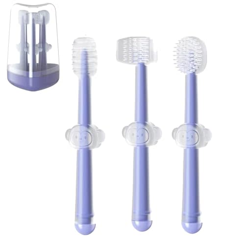 PandaEar 3 Pack Silicone Toddler Toothbrushes 0 to 18 Months, Baby Tongue Cleaner + U-Shaped ToothScrubber + First Toothbrush Teething, Gum Oral Cleaner