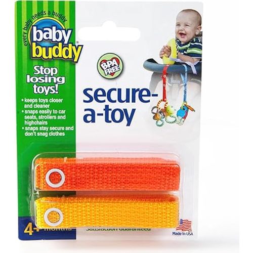 Baby Buddy Secure-A-Toy, Safety Strap Secures Toys, Teether, or Pacifiers to Strollers, Highchairs, Car Seats, Adjustable Length to Keep Toys Sanitary Clean, Registry Must Haves, Red-Orange. 2 Count