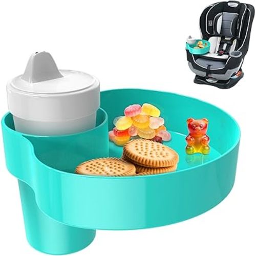 Car Seat Cup Holder Snack Tray: Travel Tray for Kids Car Seat Tray for Kids Travel, Console Cup Holder Food Drink Tray, Toddler Road Trip Travel Essential Accessories, Teal