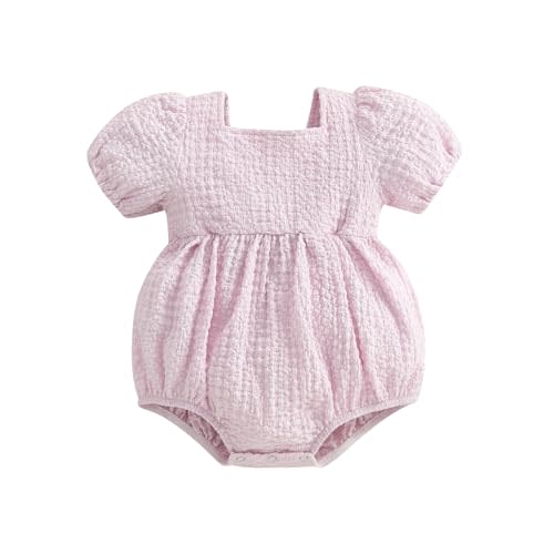 WZTYYDS Baby Girl Summer Clothes Newborn Smocked Bubble Romper Solid Puff Short Sleeve Bodysuit Cute 3 6 9 12 Months Outift
