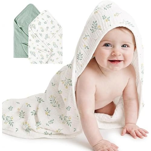 Konssy 2-Pack Muslin Hooded Baby Towels, 100% Cotton, Ultra-Soft & Absorbent Baby Bath Towels with Hood for Newborn & Infant (Green, Leafy,32" x 32")