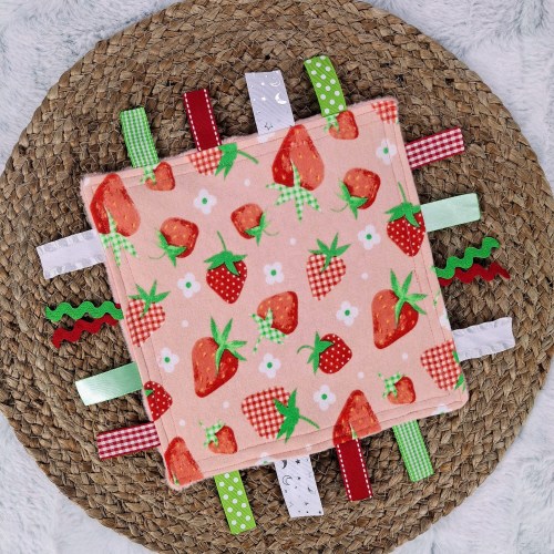 Strawberry Crinkle Tag Toy: Baby Sensory Ribbon Toy, Handmade