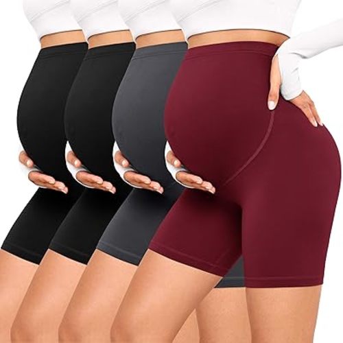 VALANDY Creamlush 4 Pack Maternity Shorts–Over The Belly Buttery Soft Stretchy Maternity Lounge Yoga Shorts