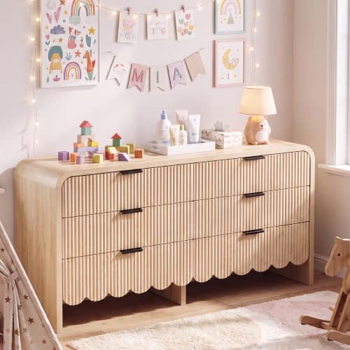 59" Scalloped Dresser for Nursery,Fluted 6 Drawer Wooden Dressers,Boho Long Dresser for Bedroom Kids Room, Living Room