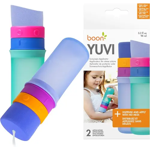 Boon Yuvi Sunscreen Applicator for Kids - Refillable and Spill Proof Kids Sunscreen Brush with Soft Foam Sponge - Summer Beach Essentials for Vacation - 3 Oz Travel Size - 2 Count