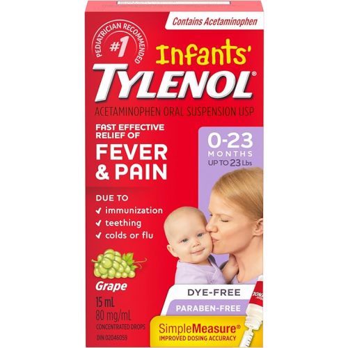 Tylenol Infants' Drops for Fast Fever and Pain Relief, White Grape Flavour, Dye Free, 15 mL Acetaminophen for Teething Pain, Immunization Pain