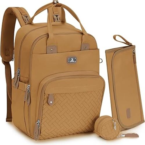 Dikaslon Diaper Bag Backpack with Portable Changing Pad, Pacifier Case and Stroller Straps, Large Unisex Baby Bags for Boys Girls, Multipurpose Travel Back Pack for Moms Dads, Tan