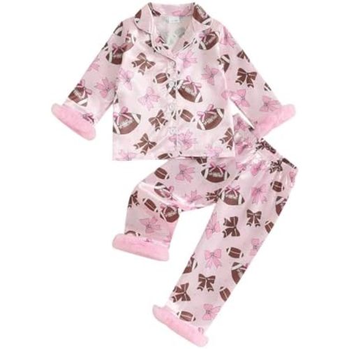 Kuriozud Kids Toddler Girl Christmas Pajamas Fuzzy Trim Long Sleeve Button Down Shirt Top and Pants 2pcs Pjs Sets Sleepwear