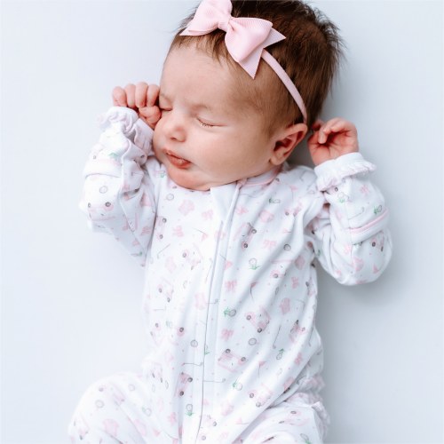 Little Golfer Print Ruffle Zip Footie - Pink