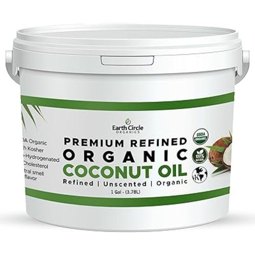 Earth Circle Organics Refined Coconut Oil - Ultra Premium Steam Refined, Keto & Paleo Friendly, Zero Coconut taste or smell - For Skin & Hair Care, Cooking, Deep Frying, Baking & More - Bulk 1 Gallon