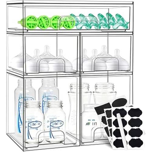 Baby Bottle Organizer, 5 Pack Stackable Storage Drawers with Labels, Clear Station Organizers Container for Pacifiers, Pump Parts, Desk Organizer Bins for Bathroom, Cabinet, Pantry, Vanity, Countertop