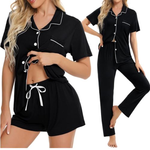 SWOMOG Womens 3pcs Button Down Pajamas Set Short Sleeve Sleepwear Bride Pj Lounge Set with Long Pants