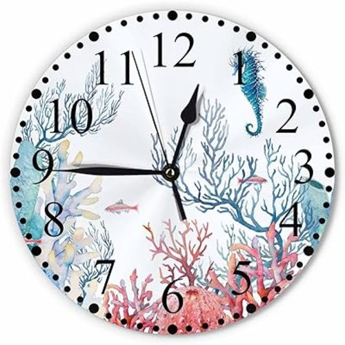 Watercolor Corals Wall Clock 10 Inch Battery Operated Underwater Fishes Blue Hippocampus Beautiful Ocean Clock Silent Non-Ticking Modern Clocks Decorative for Home Kitchen Living Room Bathroom Office