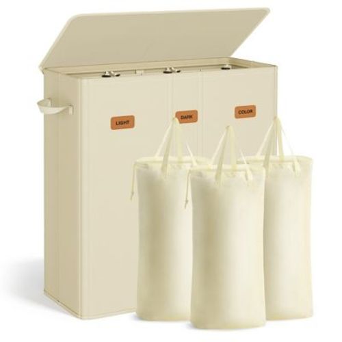 SONGMICS 42.2 Gallon (160 L) Laundry Hamper, 3-Compartment Laundry Basket Sorter with Lid, Labels, Removable Liner Bags, for Bedroom, Cream White