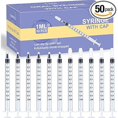 50 Pcs 1ml Syringes with Caps Oral Dispenser Individually Sterile Warpped for Medicine Dropper, Colostrum Collect Feeding Pets, Liquid