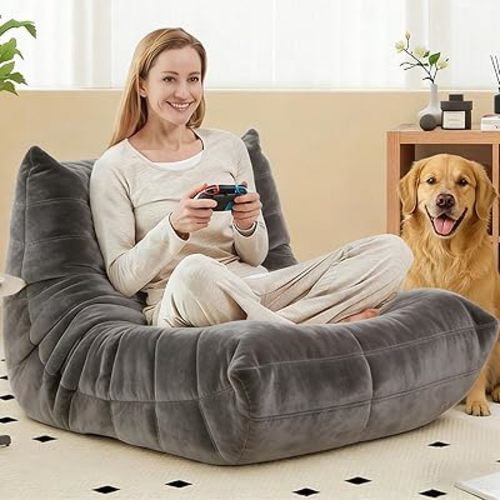 Bean Bag Chairs for Adults - Comfy Foam Bedroom Floor Sofa, Adult Size with Soft Velvet Boneless Beanbag Couch, Versatile for Living Room, Dorm, College, Reading & Gaming (Grey)