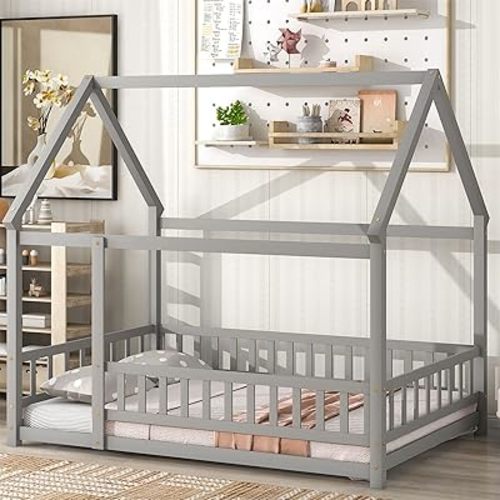 LLS Full Size Floor Bed Frame with Roof, Wooden Montessori Bed with Fence, House Bed for Boys Girls Bedroom, Gray