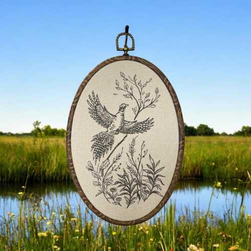 Pheasant Bird finished embroidery hoop wall hanging, woodland creatures, botanical decor, framed embroidery art, embroidered waterfowl