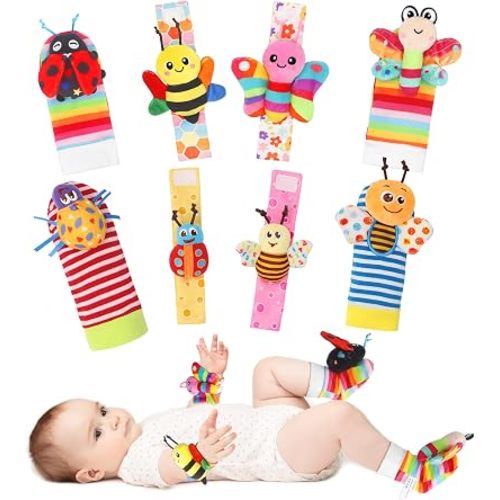 Bloobloomax Baby Rattles Toys for 0-12 Month, Infant Girl Boy Toys for Babies 3-6 Months, Newborn Hand & Foot Toys for 0 to 9 Months, Baby Shower Gifts Set with Wrist Rattle Socks (Pink B-8PCS)