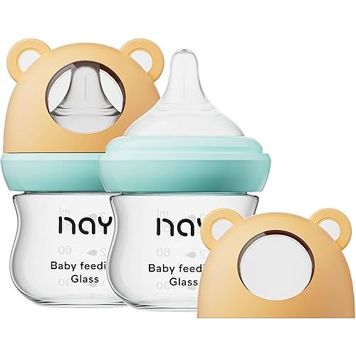 yanyoyo Natural Glass Baby Bottle for Breastfeeding Babies, 3oz Newborn Anti-Colic Baby Bottle with Slow Flow Nipples (SS), Clear, Wide Neck, 2 Pack, 0 Months+