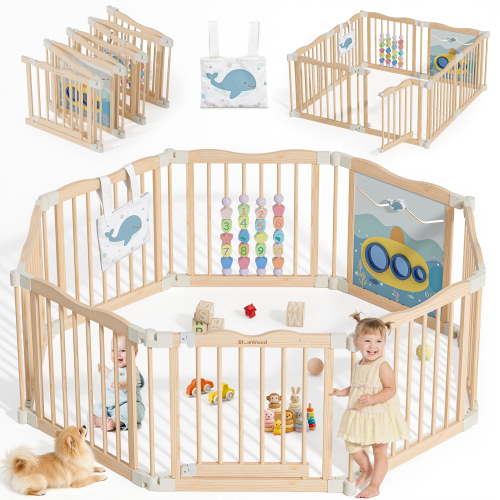 Buballino 8-Panel Kids Safety Fence Set - 100% Solid Pine Wood, 23.2" W x 23.6" H Per Panel, Easy Assembly for Play Areas