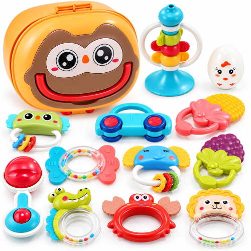 WonderStone 13-Pack Baby Teething Toys, Rattles & Teether Set with Storage Box, Early Learning Toys, Gift for Babies 0-12 Months