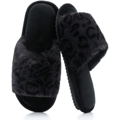 GOEWY Women's Fuzzy Open-Toe House Slippers with Memory Foam - Leopard Print Cheetah Plush Cozy Cute Slipper Indoor/Outdoor Soft Slip On Slides Gifts for Women Mom Her Ladies