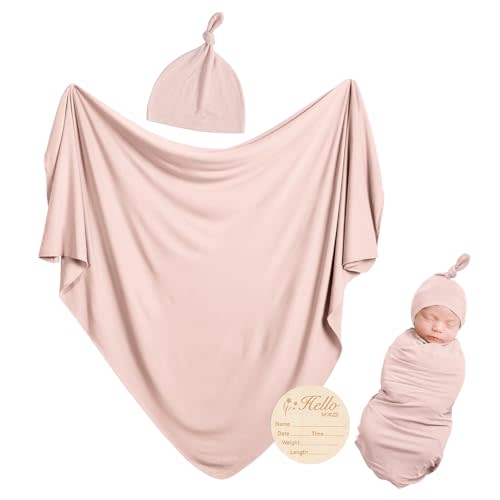 Rayon Made from Bamboo Newborn Swaddle Blanket Set with Matching Beanie, Super Soft Stretchy Baby Clothes Outfit for Girl Boy, Receiving Blankets Newborn Essentials, 35 x 35 Inch