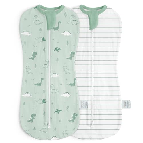 Baby Swaddle 0-2 Months, Cotton Arm-In Zipper Sleep Sack, Wearable Blankets Wrap for Newborn Infant Boys (Dinosaur, Stripe, Pack of 2)