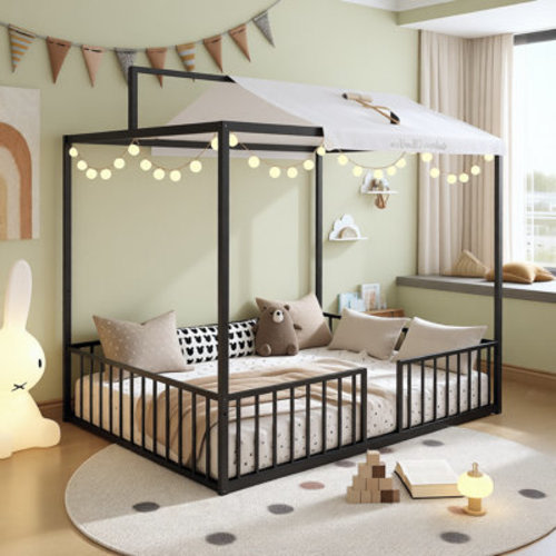 Ebern Designs 3-in-1 Convertible Montessori Metal Floor Bed with Fence, Toddler to Teen Canopy Platform Bed, Easy Assembly | Wayfair