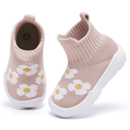 Toddler Sock Shoes Baby Walking Shoes Infant Slippers Boys & Girls Non-Slip Sneakers Beige Flower 12-15 Months