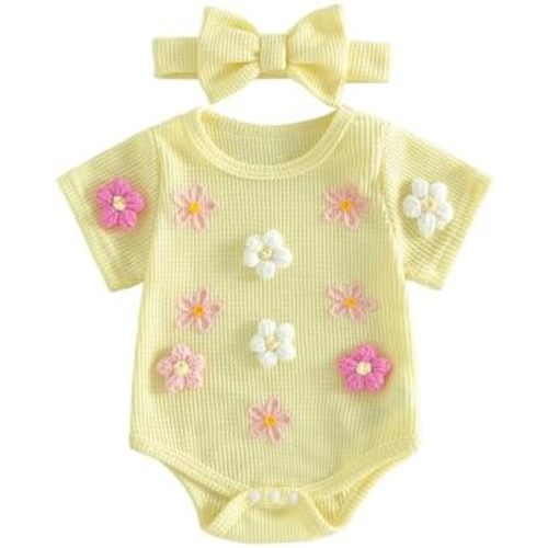 Baby Girl Summer Outfit Floral Goose Embroidery Short Sleeve Waffle Knit Romper Bodysuit Summer Clothes with Headband