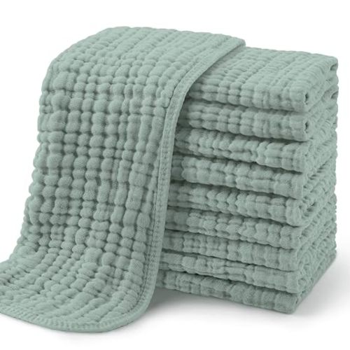 Yoofoss Muslin Burp Cloths for Baby 10 Pack 100% Organic Cotton Baby Washcloths for Boys Girls Large 20''X10'' Super Soft and Absorbent Dark Green