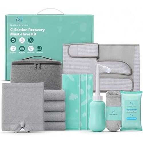 Mama & Wish® C-Section Recovery Kit – Postpartum Essentials C Section 12-Pc: Belly Binder, Silicone Scar Patches, Peri Bottle, Disposable Underwear, Wipes, Grip Socks & Toiletry Bag