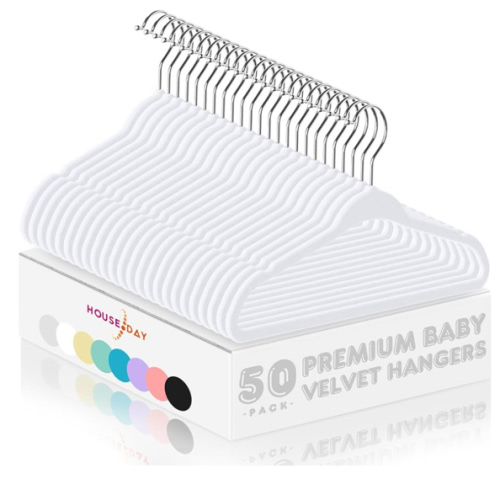 HOUSE DAY 11 Inch Velvet Baby Hangers 50 Pack White, Premium Kids Hangers for Children, Infant & Toddler Clothes, Durable Non Slip Small Baby Felt Hanger for Closet, Ideal for Everyday Use