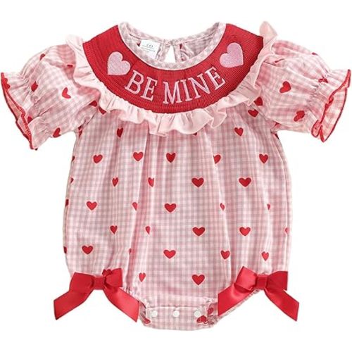 Baby Girl 4th of July Outfit USA Embroidery Bubble Romper Short Sleeve Plaid Jumpsuit Cute Smocked Clothes