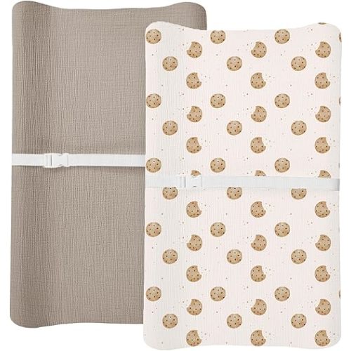Changing Pad Cover for Baby Boy Girl 2 Pack, Muslin Changing Table Pad Covers with Boho Style, Neutral Nursery Bedding Essentials Soft and Breathable (Cookie & Light Khaki)