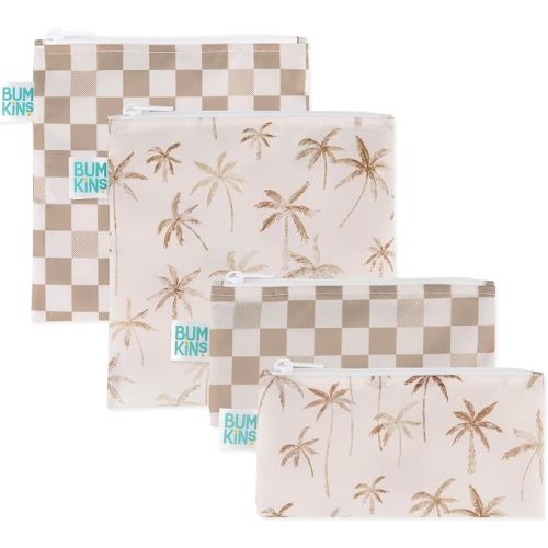 Bumkins -Cloth Snack & Sandwich Bags -For Storage, Travel, Food Prep, Lunch -Reusable, Water Resistant, Washable, Dishwasher Safe -Snack Bags for Kids -Zipper Closure -Beige Check & Palm Trees -4 Pack