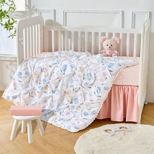 4-Piece Crib Bedding Set — Soft Breathable Comforter, 2 Snug Fit Elastic Crib Sheets & Tailored Dust Ruffle, Cozy Nursery Essentials for Boys & Girls, Durable Easy-Care Sleep Set, Gardenia