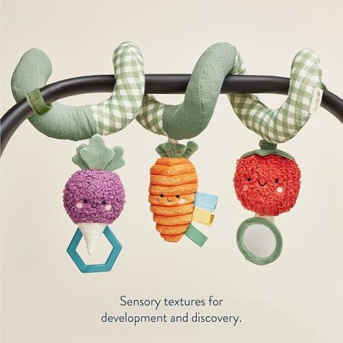 Itzy Ritzy Spiral Car Seat & Stroller Activity Toy - Stroller & Car Seat Toys for Ages 0 Months and Up - Hanging Toys Include Dangling Ring, Mirror and Textured Ribbons (Veggie)