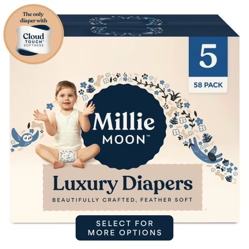 Millie Moon Luxury Diapers – Size 5 CloudTouch™ Softness Hypoallergenic, Ultra-Absorbent 58 Count