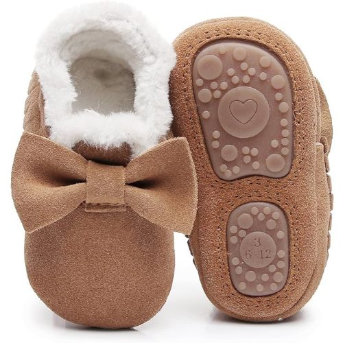 HONGTEYA Baby Moccasins with Fur Fleece Rubber Soles Warm Snow Boots Leather Baby Shoes for Boys Girls