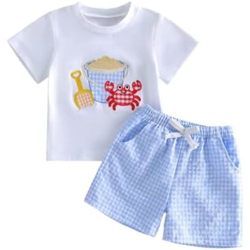 Bagilaanoe Toddler Baby Boy Short Sleeve T-Shirt+ Plaid Shorts Set Castle Embroidery Outfit Beach Clothes 2PCS Set