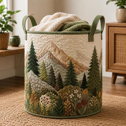 Woodland Forest Quilted Laundry Basket, Nature Landscape Hamper, Cabin Decor Storage Bin, Rustic Forest Laundry Organizer SQLB30
