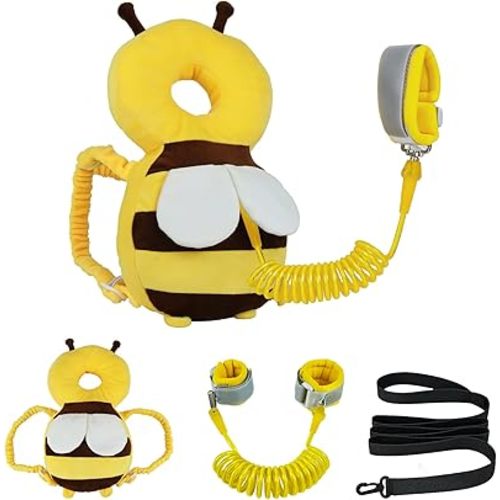 Baby Head Protector Backpack with Toddler Leash, Anti Lost Wrist Link, Adjustable Toddler Head Protection Backpack, 3 in 1 Cute Baby Fall Back Head Protector for Crawling Walking Gifts(Yellow Bee)