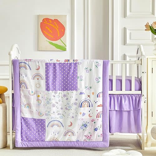 Patchwork Crib Bedding Set Rainbow Plaid Floral Design 3 Pieces Baby Girl Cute Quilted Comforter with Fitted Sheet and Bed Skirt - Purple Pink Flower Colorful Rainbow Dots Magical Style Crib Bed Set